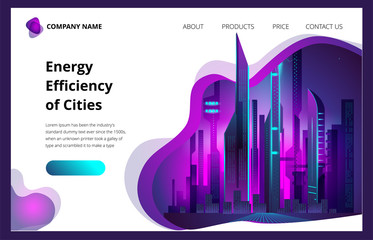 Fantastic city in the style of cyberpunk. Vector illustration in retro style in neon colors. Night city of the future. The first screen template for the landing page.