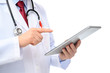 © JYPIX - A side view of a male doctor using a tablet on a white background.