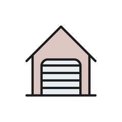 Sticker - Car garage with roller shutter door flat color line icon.