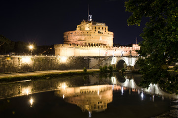 Sticker - View of Castel Sant Angel (Castle of Holy Angel) in Rome, Italy. Panoramic view of Castel Angelo illuminated with the ancient bridge at night.