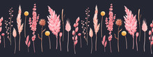 Beautiful Seamless Pattern With Watercolor Herbarium Wild Dried Grass In Pink And Yellow Colors. Stock Illustration.