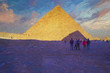 Tourists stand avoid the sunlight in front of the Great Pyramids of Giza in the afternoon time. This area has 3 main pyramids which are Khufu Khafre Menkaure, Egypt. Abstract oil painting.
