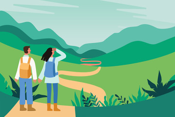 Aufkleber - Vector illustration in flat simple style - tourists and landscape - characters with backpacks hiking - travel concept  and adventure tourism