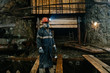 A man wearing a helmet and a respirator stands in the mine.