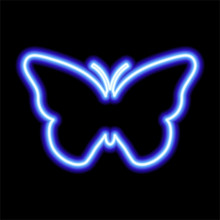 Blue Neon Sign Of Butterfly On Black Background