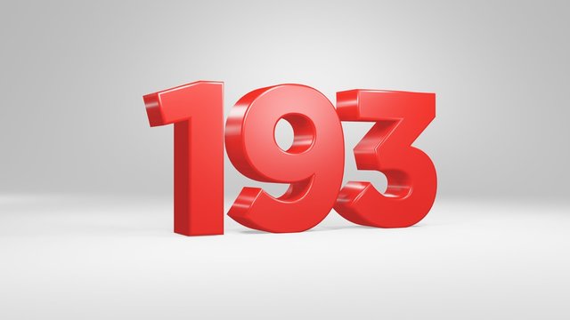 Number 193 in red on white background, isolated glossy number 3d render