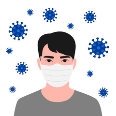 Young asian man face in respiratory protective mask and coronavirus cell disease. Coronavirus flu. Dangerous cases of flu. Medical health risk. Vector illustration