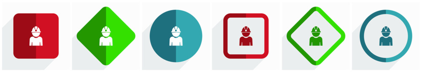Aufkleber - Miner, worker, job, man, helmet icon set, flat design vector illustration in 6 options for webdesign and mobile applications in eps 10
