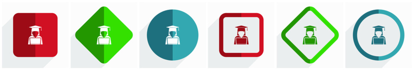 Aufkleber - Student with laptop, computer, education icon set, flat design vector illustration in 6 options for webdesign and mobile applications in eps 10