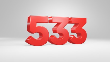 Number 533 in red on white background, isolated glossy number 3d render