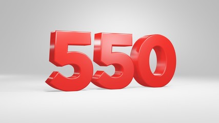 Number 550 in red on white background, isolated glossy number 3d render