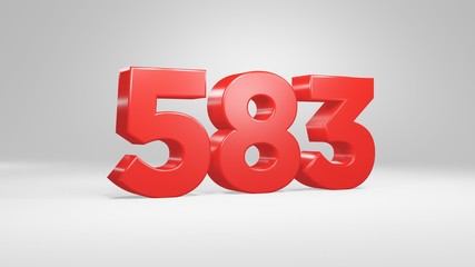 Number 583 in red on white background, isolated glossy number 3d render