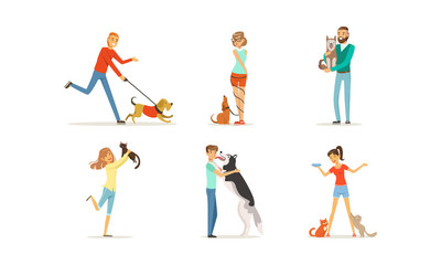 Sticker - People with Their Pets, Men and Women Characters Training and Playing their Dogs and Cats Pet Animals Vector Illustration