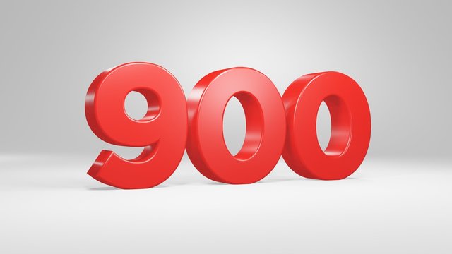 Number 900 in red on white background, isolated glossy number 3d render