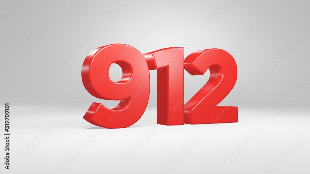 Number 912 in red on white background, isolated glossy number 3d  