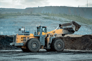 The wheel loader lifted the bucket with the ore.