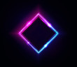 Neon rhombus frame or neon lights square sign. Retrowave vector abstract background, tunnel, portal. Geometric glow outline rhombus shape or laser glowing lines. Background with space for your text.