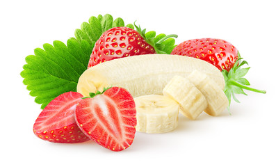 Wall Mural - Isolated fruits. Peeled banana fruit and pile of strawberries with leaves isolated on white background with clipping path