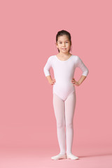 cute little ballerina on color background