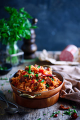 Canvas Print - Dominican rice with vegetables and sausages