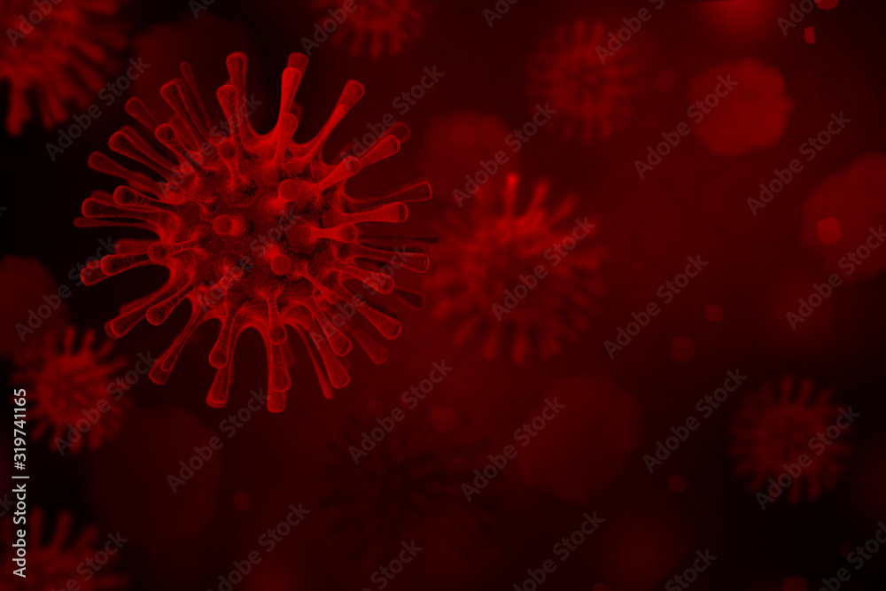 3D Rendering dark red virus,  The infection in host organism viral disease outbreak, Select focus shallow depth of field - obrazy, fototapety, plakaty 