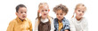 © LIGHTFIELD STUDIOS - panoramic shot of cute multicultural children sitting isolated on white