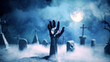 Zombie hand rising out of a graveyard in spooky night. 3d rendered illustration.