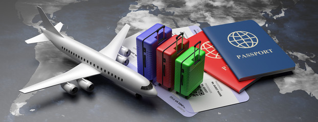 Plane tickets and passports for business trip travel, tourism on world map background. 3d illustration