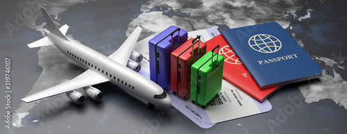 Fotografía Plane tickets and passports for business trip travel, tourism on world map background