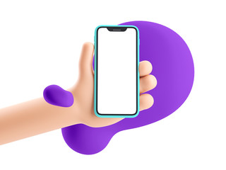 cartoon device mockup with 3d shapes. cartoon hand holding phone on white background. 3d illustratio