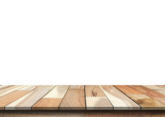 Wall Mural - Brown empty wooden table top isolated on white background, used for product placement or Wooden board empty mock up for display of product.There are Clipping Paths for the designs and decoration