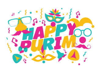 vector holiday illustration. Purim is a Jewish holiday established according to the biblical Book of Esther. Translation from Hebrew: Happy Purim. graphics design for the festive carnival