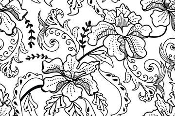 Seamless pattern with floral vector Illustration, Indonesian batik motif