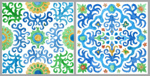 Two Watercolor Painted Mosaic Tiles With Hand Drawn Geometrical And Floral Ornaments In Sicilia Mediterranean Majolica Ceramic Painting Style. Wallpaper Décor, Batik, Carpet Print