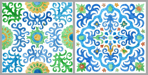 Two watercolor painted mosaic tiles with hand drawn geometrical and floral ornaments in Sicilia Mediterranean majolica ceramic painting style. Wallpaper décor, batik, carpet print