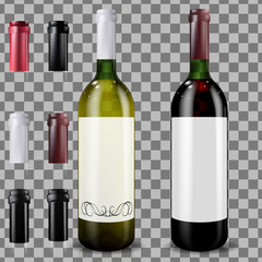 Red and white wine bottles. Set of caps or sleeves, closing the stopper.