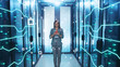 Digitalization of Information. IT Administrator Woman Activating Modern Data Center with Digital Data Flow Moving Through Server Racks. Looped 3D Animation of Graphic Circuit Lines, Numbers and