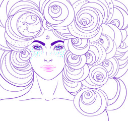 Sticker - Girl with white hair, head in the clouds with moon and stars. Concept of inner reality, mental health, imagination, thinking, dreaming. Female portrait of night goddess. Isolated vector illustration.