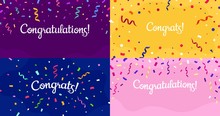 Congratulations Confetti Banner. Congrats Card With Color Confetti, Congratulation Lettering Banners Vector Set. Bundle Of Modern Poster Or Postcard Templates For Anniversary Or Birthday Celebration.
