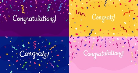 Congratulations confetti banner. Congrats card with color confetti, congratulation lettering banners vector set. Bundle of modern poster or postcard templates for anniversary or birthday celebration.