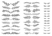 Floral Ornament Dividers. Ornamental Leafs Scroll Decoration, Decorative Branch And Hand Drawn Divider Vector Set. Bundle Of Pairs Of Sprigs, Botanical Design Elements, Natural Monochrome Decorations.