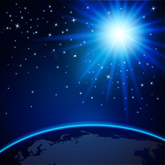 Abstract background with sparkling stars, blue sun and view earth from space. Vector illustration.