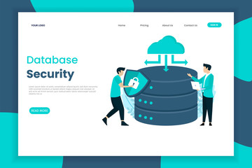 Wall Mural - Database security landing page illustration template. Two men are operating the database server. Landing page template