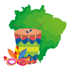 map of brazil with mask carnival and drum