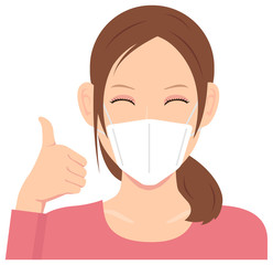 Wall Mural - Young woman wearing a mask vector illustration (upper body) / thumb up with smiling 