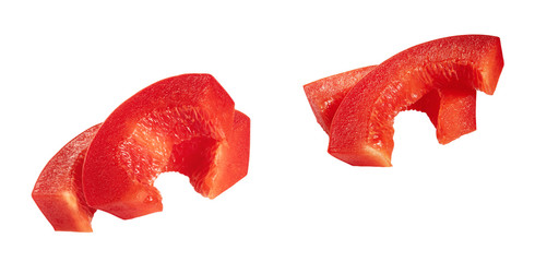 two red bell pepper slices on white background