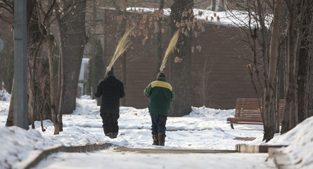 two janitor with a broom in the park