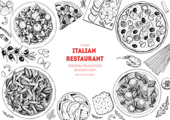 Wall Mural - Pizza, pasta and ravioli cooking and ingredients for pizza, pasta and ravioli , sketch illustration. Italian cuisine frame. Food menu design elements. Pizza and pasta hand drawn frame. Italian food.