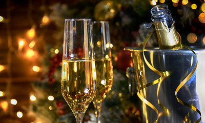 Wall Mural - Christmas rustic background with champagne