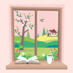 Spring window with view, a book and a coffee cup on the sill. Cute cozy vector illustration in flat style